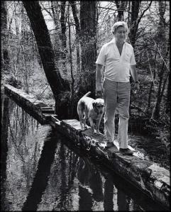 Bill Styron walking with Aquinnah, Roxbury, Connecticut, April 29, 1979