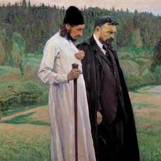 Philosophers Pavel Florensky and Sergei Bulgakov, a painting by Mikhail Nesterov (1917)_