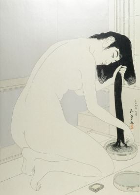 Female Bather Kneeling to Wash and Comb Her Hair, Taishô period, dated 1918